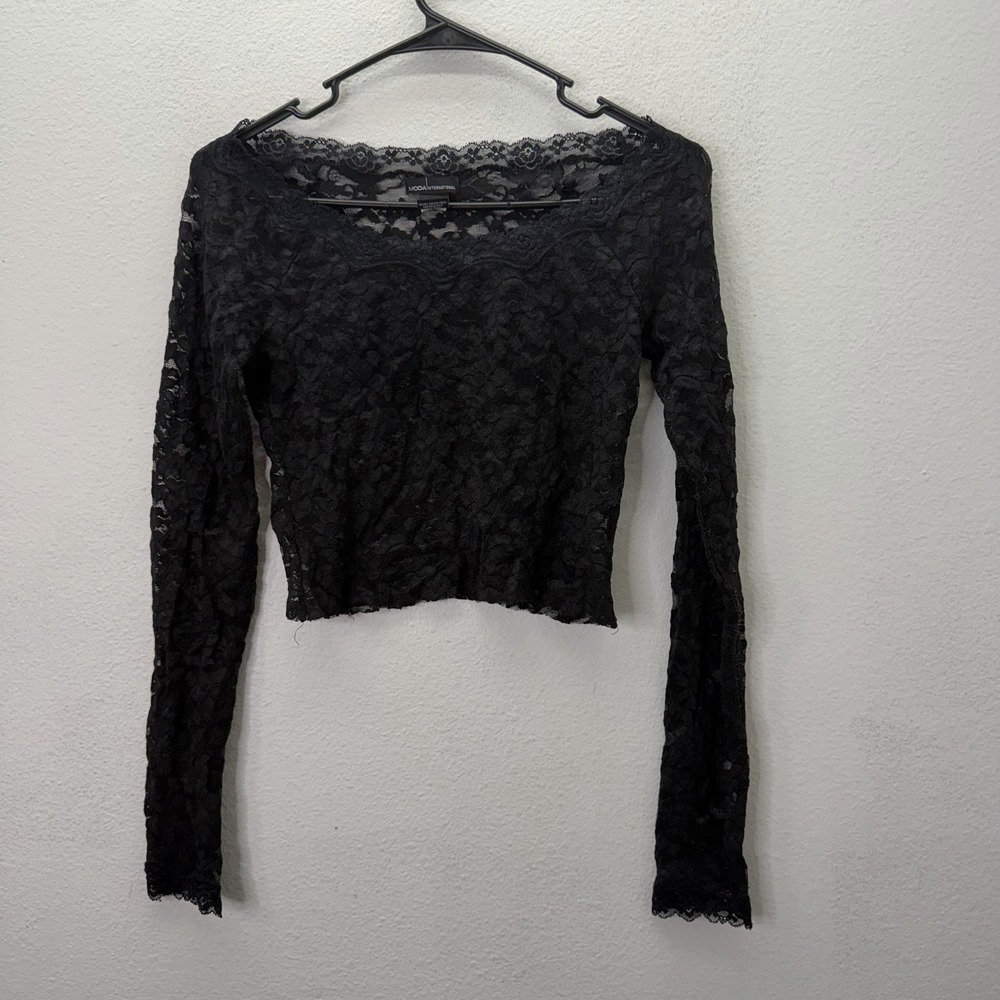 Moda International Black Floral Lace Sheer Long Sleeve Top XS Boat Neck Cropped